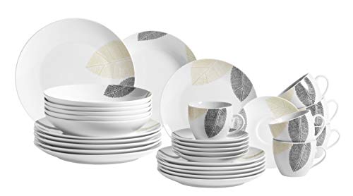 MÄSER 931215 Hübsch dekoriertes Geschirr Set für 6 Personen, 30-tlg Kombiservice, mit randlosen Formen, Porzellan, Weiß