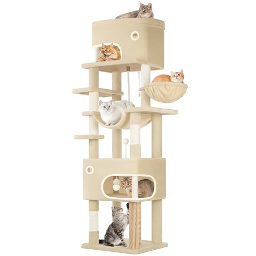 Hzuaneri Kratzbaum, 203 cm Katzenbaum mit großer Plattform, 2 Höhlen, 7 Kratzsäulen, Pompons, Liegemulden, Hängematte, Geeignet für alle Katzenrassen, Beige MS20318YL