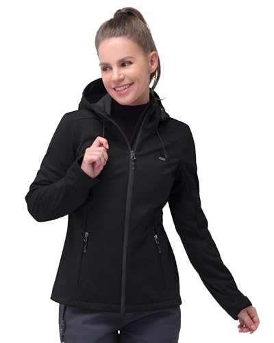 33,000ft Damen Softshelljacke Wasserdichte Winddichte Funktionsjacke Atmungsaktive Übergangsjacke Leichte Fahrradjacke mit Kapuze Windbreaker zum Laufen, Radfahren, Wandern,Schwarz 36