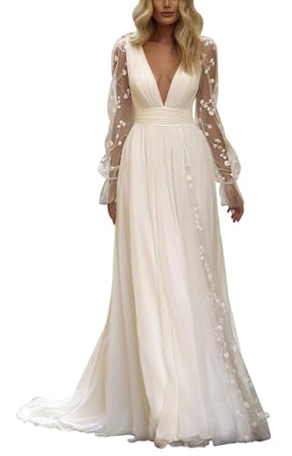Frauen Boho Spitze Brautkleider für Braut Langarm V-Ausschnitt A-Linie Hochzeitskleider mit Zug,Elfenbein 13,DE48