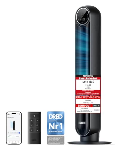 Dreo Smart Leiser Turmventilator, APP & Sprachsteuerung, 90° oszillierender Ventilator mit Fernbedienung, 4 Modi, 4 Geschwindigkeiten, 8 Std. Timer, Nomad One S, Schwaz