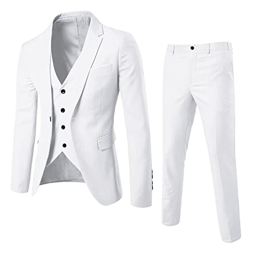 QinMMSPORTS Anzug Herren Slim Fit 3 Teilig Anzüge Herrenanzug Sakko für Hochzeit Business Anzüge für Hochzeit Business Herrenanzug Sakko Anzughose Weste (Z09-White-B, XL)