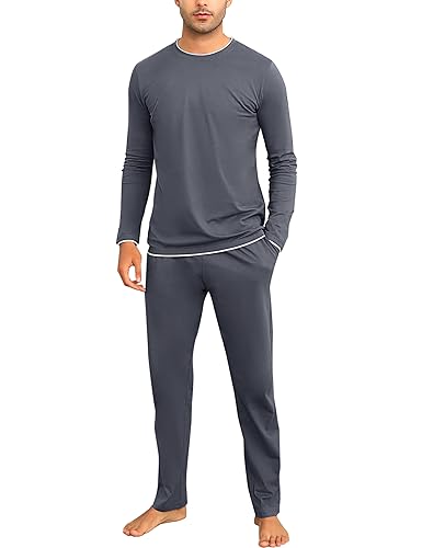 Aseniza Herren Schlafanzug Lang Pyjama Baumwolle Winter Zweiteilige Pyjamas mit Langarmshirt und Schlafanzughose für Männer,Grau,L