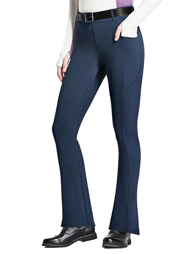 FitsT4 Sports Damen Reithose Bootcut Reitleggings Silikon Vollbesatz Schlaghose Reithose mit Handytasche und Gürtelschlaufen für Reitsport Pferdetraining Reitturnier,Marineblau,L