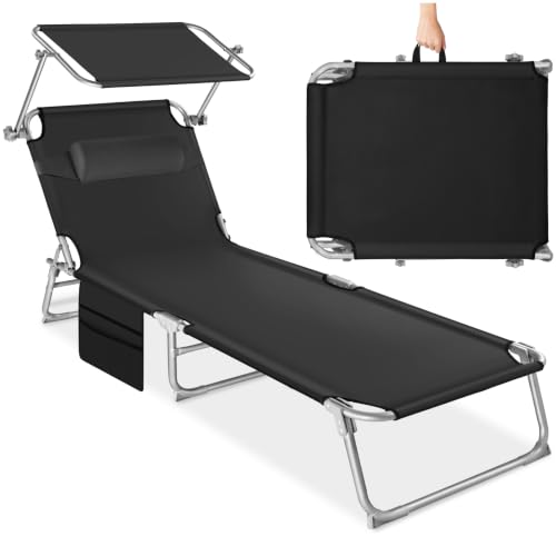 tectake® Sonnenliege klappbar, tragbar, Liege mit Seitentasche, Strandliege, Gartenliege mit Dach, Liegestuhl mit Verstellbarer Rückenlehne, inkl. Kopfkissen - für Balkon, Terrasse, Camping - schwarz