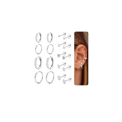 CASSIECA 9 Paar Ohrring Set, Ohrstecker Silber, 316L Chirurgenstahl Medizinische Ohrringe Set Cubic Zirkonia Runde Ohrstecker Hypoallergene Knorpel Huggie Hoop Ohrringe Mehrfach-Piercing