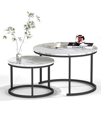 Amveya Couchtisch Rund Weiss 2er Set, Wohnzimmertisch Rund Weiß, Coffee Table mit weißem Marmoreffekt, Beistelltische fürs Wohnzimmer mit schwarzem Rahmen
