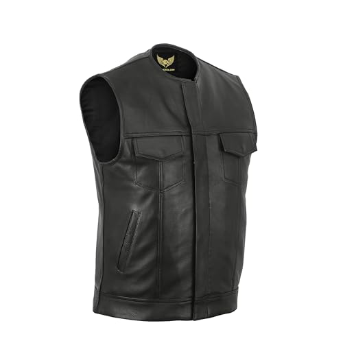 Leatherick Herren SOA Anarchy Collarless Echtes Echtes Leder Biker Weste Schwarz - L52