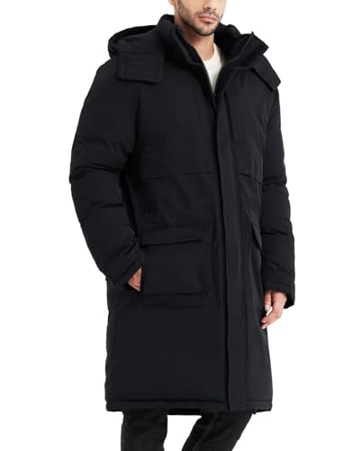 Rejork Extra langer Parka für Herren, Wintermäntel, mit Kapuze, Pufferjacke, schwer, wasserabweisend, Oberbekleidung für kaltes Wetter, Schwarz, L