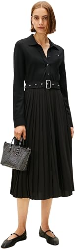 Tommy Hilfiger Damen Polokleid Interlock Mix Media mit Taillengürtel, Schwarz (Black), M