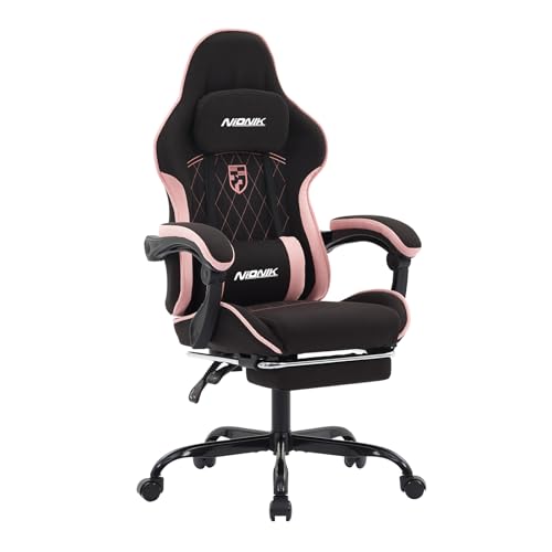 NIONIK Gaming Stuhl, Racing Gaming Chair mit Fußstütze Ergonomischer Gaming-Stuhl Kopfstütze Verstellbarer Computerstuhl Höhenverstellbar Lendenwirbelstütze für Homeoffice und Gaming Blackpink