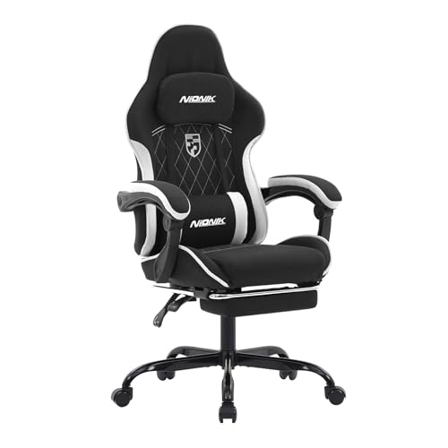 NIONIK Gaming Stuhl, Racing Gaming Chair mit Fußstütze Ergonomischer Gaming-Stuhl Kopfstütze Verstellbarer Computerstuhl Höhenverstellbar Lendenwirbelstütze für Homeoffice und Gaming Blackwhite
