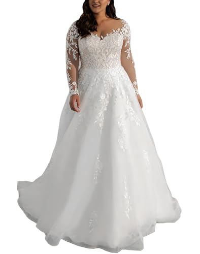 JAEDEN Damen Brautkleider Grosse Grössen Lang Spitze A-Linie Hochzeitskleider mit Ärmel Prinzessin Trauung Kleid Standesamtliche Brautkleid Weiß 54
