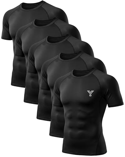 YESWEL 5 Pack Kompressionsshirt Herren Kurzarm, Funktionsshirt Atmungsaktiv, Schnelltrocknendes T-Shirt Männer, Laufshirt Baselayer Sportshirt für Fitness & Gym (Schwarz,XL)