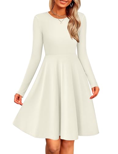 Zeagoo Damen Kleider Langarm Elegant A-Linie Strickkleid Casual Rundhals Herbstkleid Winter Leichte Pulloverkleid Einfarbig Tunika Kleid Beige S