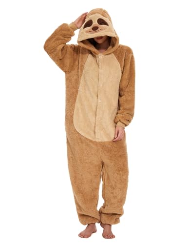 Einteiliger Schlafanzug Damen Lang Winter Einteiler Tierkostüm Erwachsene Kostüm Jumpsuit Damen Kuschelig Pyjama Fleece Onesie Kleidung Mit Kapuze und Reißverschluss (Faultier-7127, XXL)