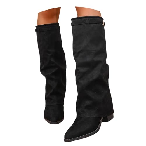 Generisch Shark Boots ohne Absatz Wide Calf braun beige, Mit Schnallenverschluss Elegante Spitzer Zehenpartie Langschaft Weitschaftstiefel Warme Einfarbig Lederstiefel Halbstiefel Schwarz 39/EU