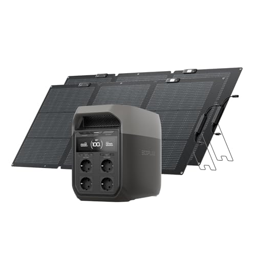 EcoFlow DELTA 3 Tragbare Powerstation mit 2 × 160 W Solarpanel, 1 024 kWh Solargenerator, Balkonkraftwerk, Schnelllade-Netzteil für Camping, Wohnmobile, netzunabhängiges Wohnen und Backup-Leistung