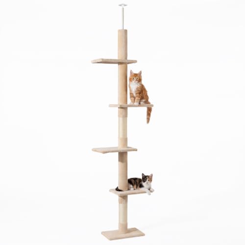 Fudajo Kratzbaum deckenhoch 230–276 cm in Beige, Katzenkratzbaum mit 4 Ebenen, Katzenbaum Deckenspanner höhenverstellbar, Katzenmöbel mit Sisal