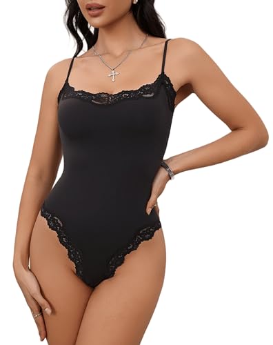 Starrylion Spitze Body Damen Sexy Eckiger Ausschnitt Y2K Top Bodys Verstellbarer Schultergurt Bodysuit Schwarzkohle S