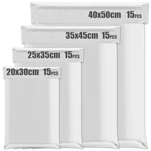 60 Stück Plastik Versandbeutel, Wasserdichte Versandtaschen Warensendung, Versandtüten Für Kleidung mit Selbstklebeband, Grau Blickdicht, Geeignet für Warenverpackung, Logistischen Versand（4 Größen）