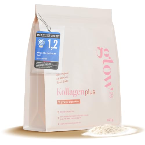 Glow25® Kollagen Plus Pulver [450g] - Collagen Hydrolysat mit Vitamin C, Zink und Biotin - Peptide Typ 1 und 3 - Gute Löslichkeit - Neutral