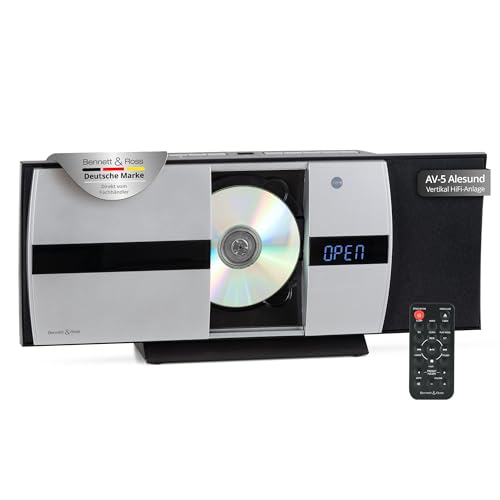 Bennett & Ross Ålesund Vertikal Stereoanlage - HiFi Microanlage mit CD-Player, MP3, UKW-Funktion, USB und Bluetooth mit NFC - Standaufstellung oder Wandmontage - Fernbedienung - Silber