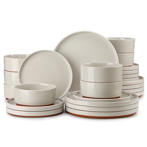 MALACASA Steingut Geschirrset 8 Personen, 24-tlg. Tafelservice mit Sesam Glasur, Keramik Essgeschirr Set mit Senkrechte Stellkante, Schüssel- und Teller Set, Hellgrau mit Braunen Unterseite