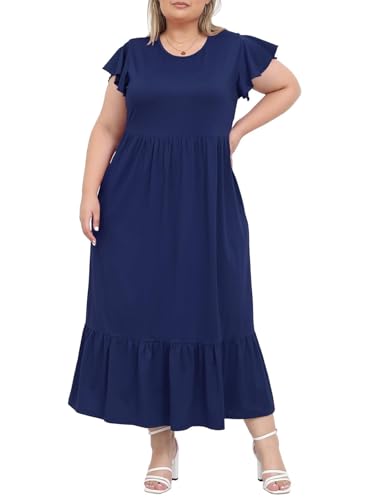 Moon Wood Damen Sommerkleid Lang Freizeit Maxikleid Strandkleid mit Kurzarm und Taschen Curvy Kleider Große Größen Marineblau 4XL