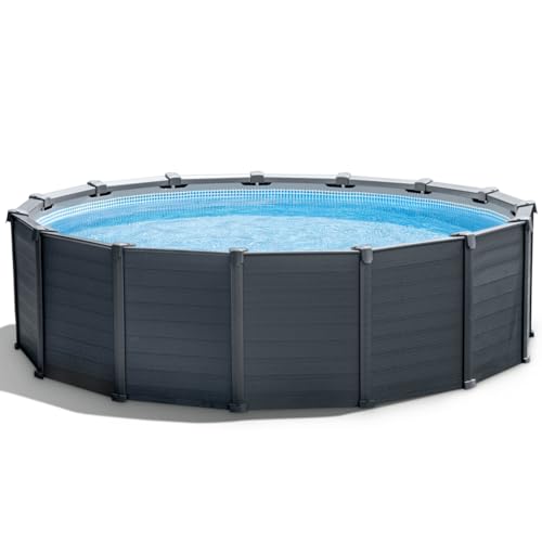 Intex Frame Pool Set Graphit Ø 478 x 124 cm, Pool, Sandfilter, Abdeckplane, Bodenschutzplane, Sicherheitsleiter, GS, 26384GS, Grau