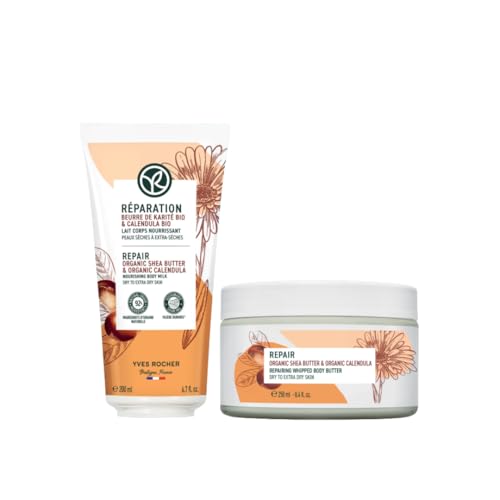 Yves Rocher Repair Körperpflege Set – Whipped Body Repair Butter 250ml + Pflegender Duschbalsam 200ml – Für trockene und sehr trockene Haut – Mit Bio-Sheabutter & Bio-Calendula – Nährende Körperpflege
