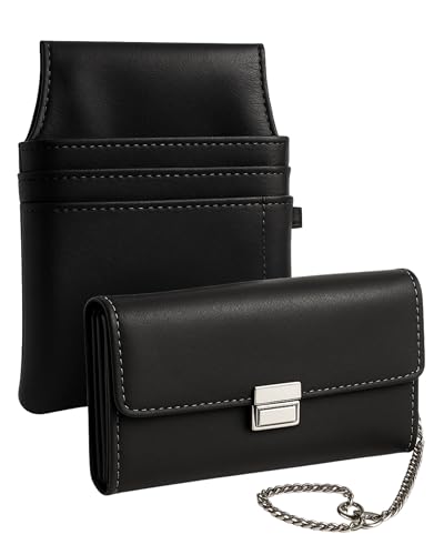 bhb Kellner Geldbörse Set – Kellnerbörse, Geldbeutel, Damen Herren Portemonnaie mit Holster und Kette, großes Münzfach, für Taxi, Restaurant, Pizza (Schwarz)