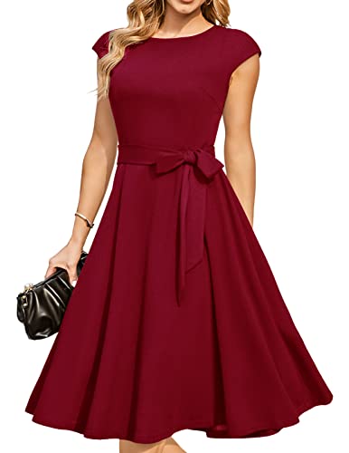 DRESSTELLS Cocktailkleid Damen Bordeaux Abendkleid Kurz Elegant 1950er Knielang Rockabilly Hochzeitkleid Vintage A-Line Swing Festlich Midilang Sommer Kleid Burgundy L