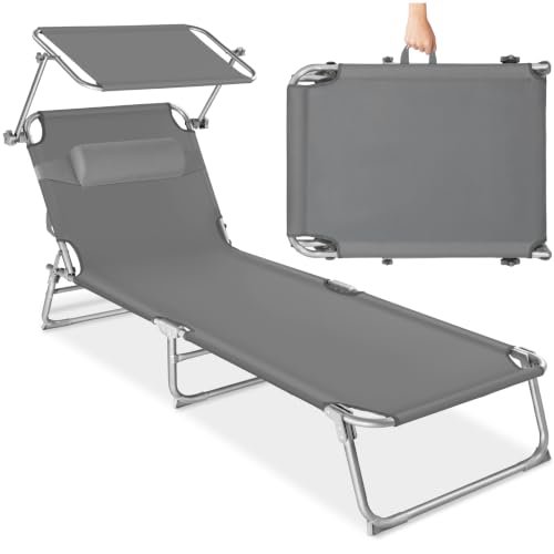 tectake® Sonnenliege mit Dach, Strandliege klappbar, leichte Gartenliege, Outdoor Liegestuhl mit Verstellbarer Rückenlehne, inkl. Kopfkissen - ideal für Balkon, Terrasse, Camping, Strand - grau