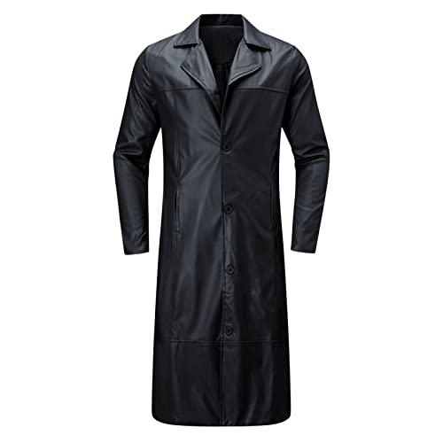 Generisch Trenchcoat Herren Langer Ledermantel Einreihig Revers Gothic Mantel Ledermantel Winter Lederjacke Vintage Lederjacke Übergangsjacke Schwarz XL
