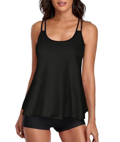 wihnsinop Tankini Damen Bauchweg Bademode Set Freizeit Badeanzug Tankinis Zweiteiler Sets Sommer Elegant Badeanzüge für Damen Oberteil mit Badeshorts