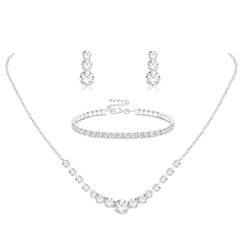 Diamday Brautschmuck Schmuck Set für Damen Silberschmuck Set Strass Kristall Halskette Tropfen Ohrringe Link Armreif Armband Hochzeitsschmuck Sets für Bräute Bridemaid Prom Kostüm Zubehör
