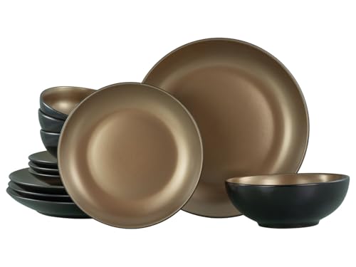 CreaTable, 23600, Serie GLAMOUR - Gold, 12-teiliges Geschirrset, Teller Set aus Steinzeug, spülmaschinen- und mikrowellengeeignet, Qualitätsproduktion