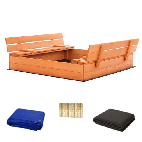 ECOTRAPS Sandkasten mit Abdeckung - 120 x 120 cm - Sandkasten Holz mit Deckel & Sitzbänken - Gartenspielzeug für Kinder - Sandkiste Imprägniert - Sandbox - Orange