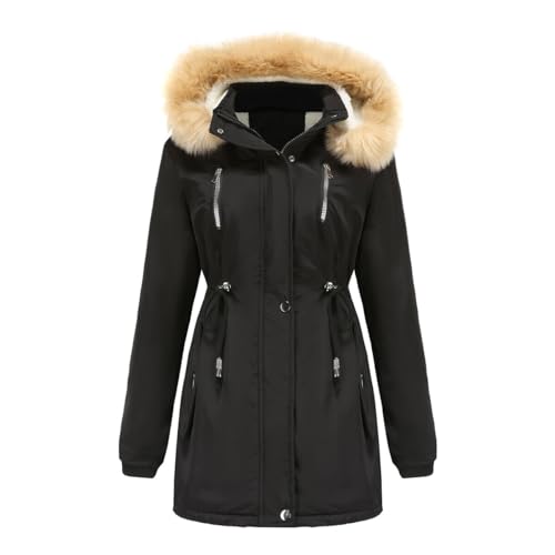 YFFUSHI Wintermantel Damen Warm Dicker Winterparka mit Fellkapuze Fell Kapuze Outdoor Jacke Mantel Oversized für Winter,Schwarz,XXL