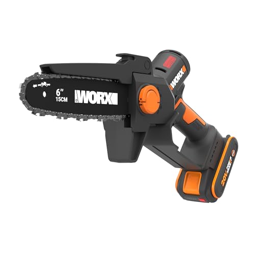 WORX WG327E Akku Mini-Kettensäge 20V, 15cm Schwertlänge, bürstenloser Motor, werkzeugloser Kettenwechsel und -spannung, inkl 2Ah Akku und Ladegerät (kompakt, leicht und Strauchpflege)