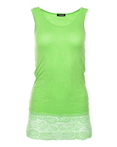 Easy Young Fashion - Damen Trägertop mit Spitzensaum - langes Unterziehshirt Skinny Fit 0518 (Apfelgrün M/L)