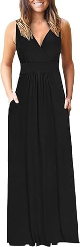 AUSELILY Maxikleid Damen Sommer Ärmellos Kleid Lang Elegant tiefem V-Ausschnitt Abendkleid mit Taschen Schwarz 2XL