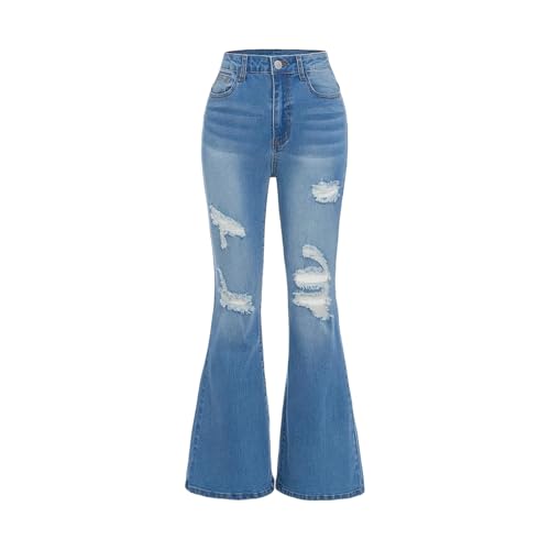 Schlaghose Jeans Mädchen mit Löchern Zerrissene Jeans Kinder Trend Cool Schlaghosen Leggings High Waist Flared Hose Sommerhose Bell Bottom (Blue, 11-12 Years)