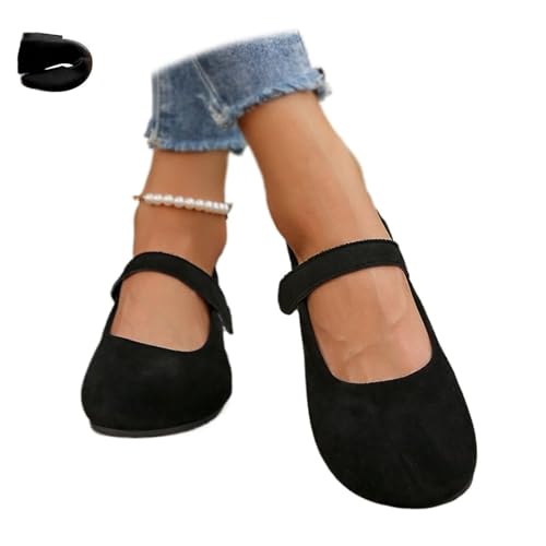 Mary Jane Orthopädische Wildleder-Ballerinas für Damen, bequem, zum Reinschlüpfen, runde Zehenpartie, breite Breite, geschlossene Zehen, flache Schuhe mit Riemen, Schwarz , 43 EU