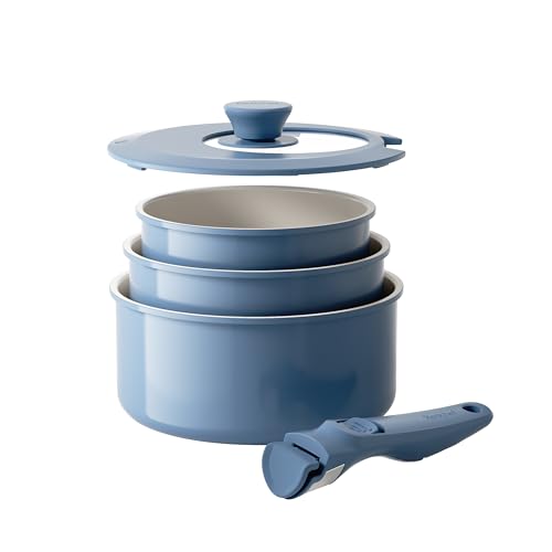 Redchef Töpfe Set mit Abnehmbaren Griffen, Antihaft Keramik Topfset 16/18/20cm und 3-IN-1 Verschlussdeckel, Kochtöpfe Induktions für Alle Herdarten, Ofenfest, Blau