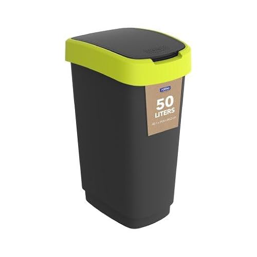 Rotho Twist Mülleimer 50l mit Deckel, Kunststoff (PP recycelt) , schwarz/gelb, 50l (40.1 x 29.8 x 60.2 cm)