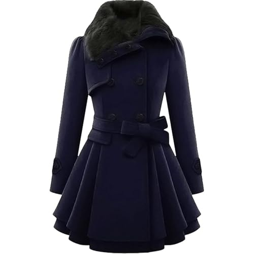 JIAALU Damen Wintermantel Mittellanger Langarm Mantel Wollmischung Mantel Mit Faux Pelz Kragen Parka Warm Jacke Elegant Zweireihiger Trenchcoat Mantel