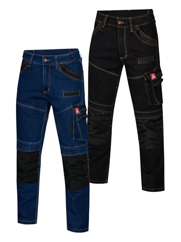 Arbeitshose Herren Jeans Stretch Schwarz Größe 2XL mit 11 Taschen Kniepolstertaschen Zollstocktasche robuste Denim Bundhose elastisch für Industrie Metallbau Werkstatt Montage Berufskleidung Handwerk