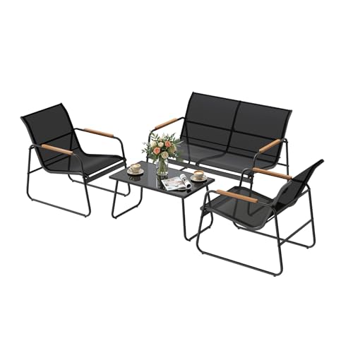 WOLTU Gartenmöbel Set 4-teilig1 Tisch & 1 Zweisitzer-Sofa & 2 Sessel mit Rückenlehne und Armlehnen Ergonomisches Design UV-beständig Balkonmöbel für Terrasse und Balkon, Schwarz
